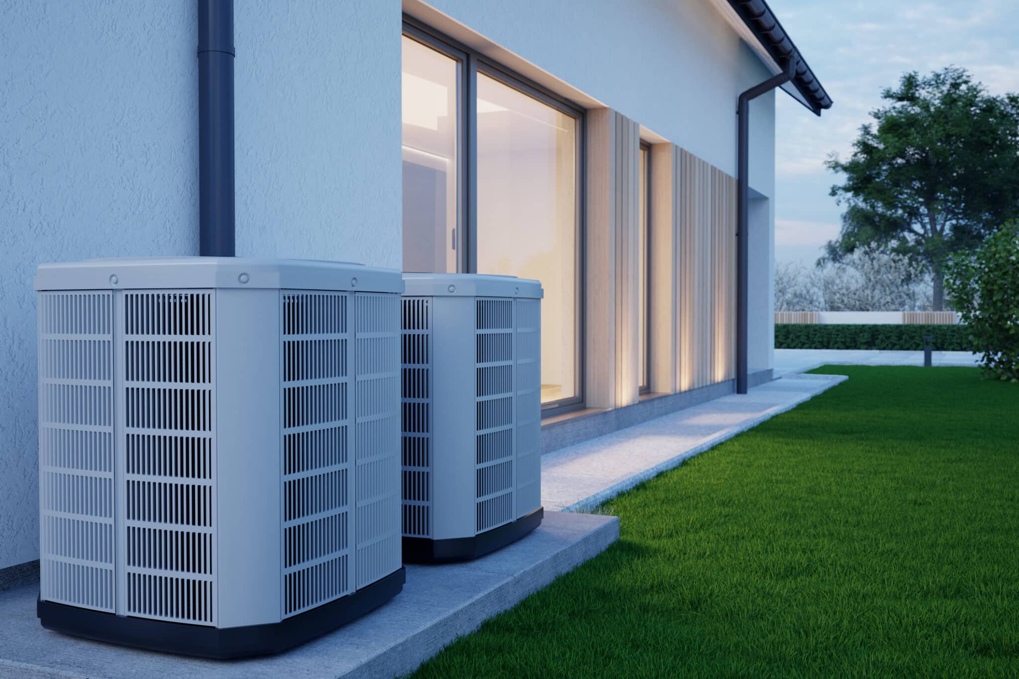 Air heat pumps beside house, Air Conditioner Installation by One Hour Heating & Air Conditioning of San Diego.